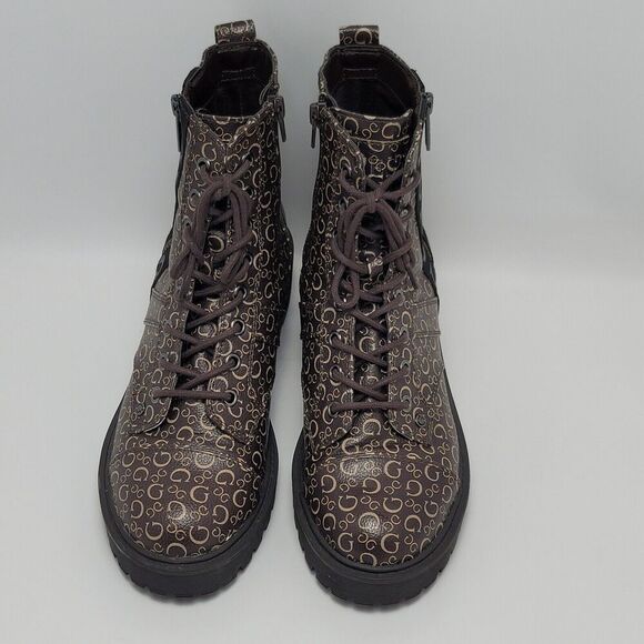 Guess Los Angeles Womens Brown Logo Ankle Combat Lace Up Boots Side Zip Sz 8.5M - Picture 11 of 12